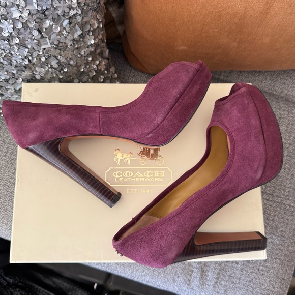 Coach Suede Peep Toe Platform Heels in Color Plum